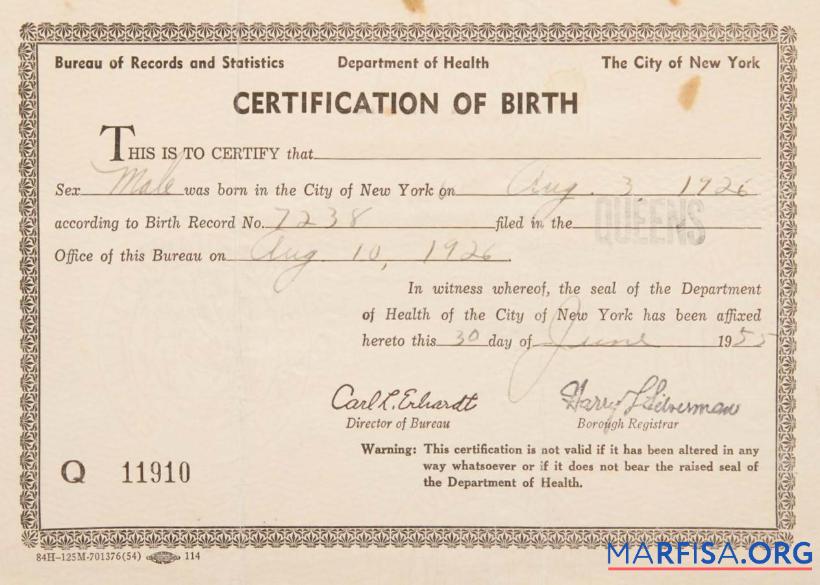 Realistic New York Department of Health birth certification sample